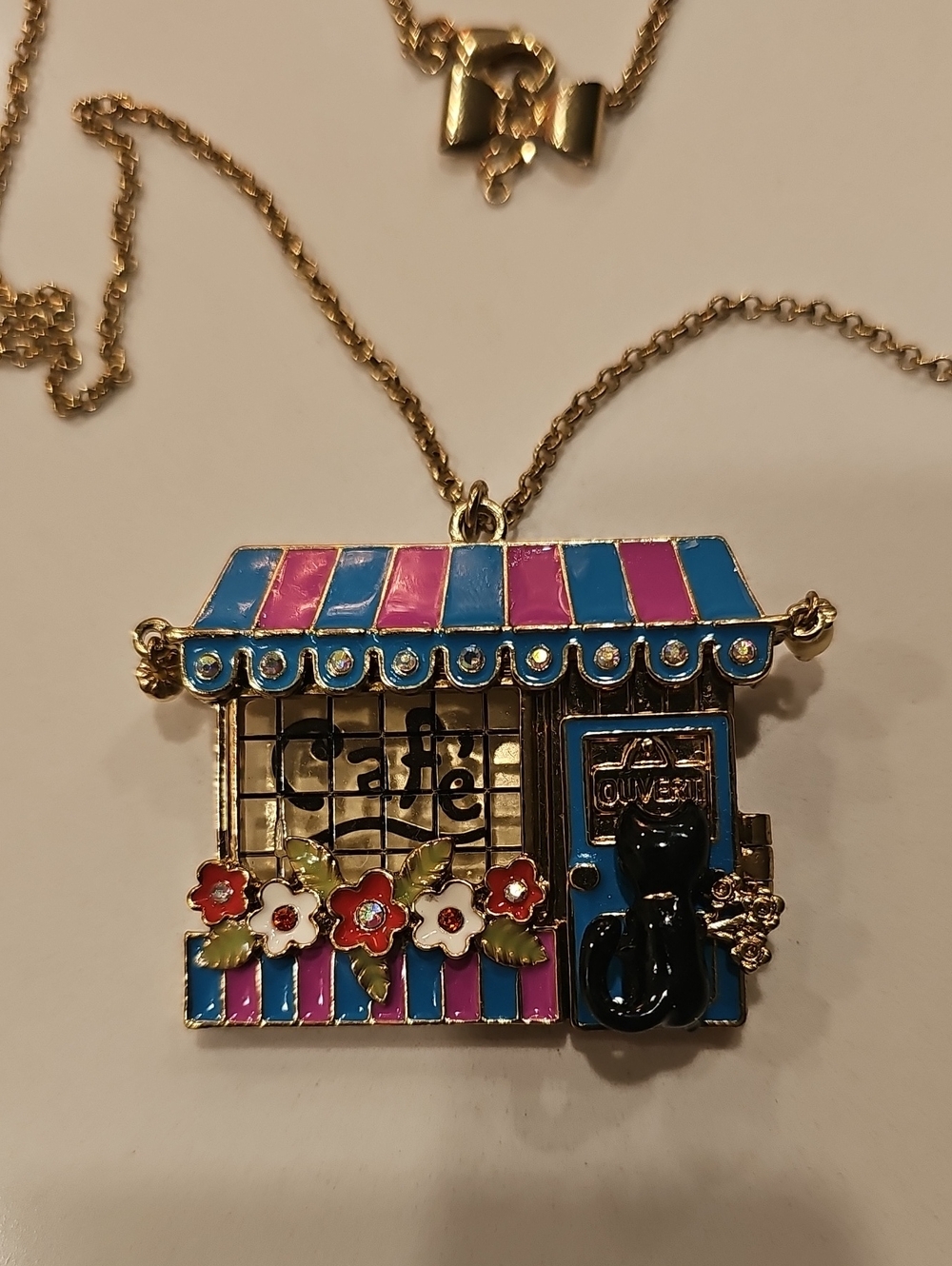 Betsey Johnson Gold-Tone Café Pendant Necklace with Pink & Blue Enamel